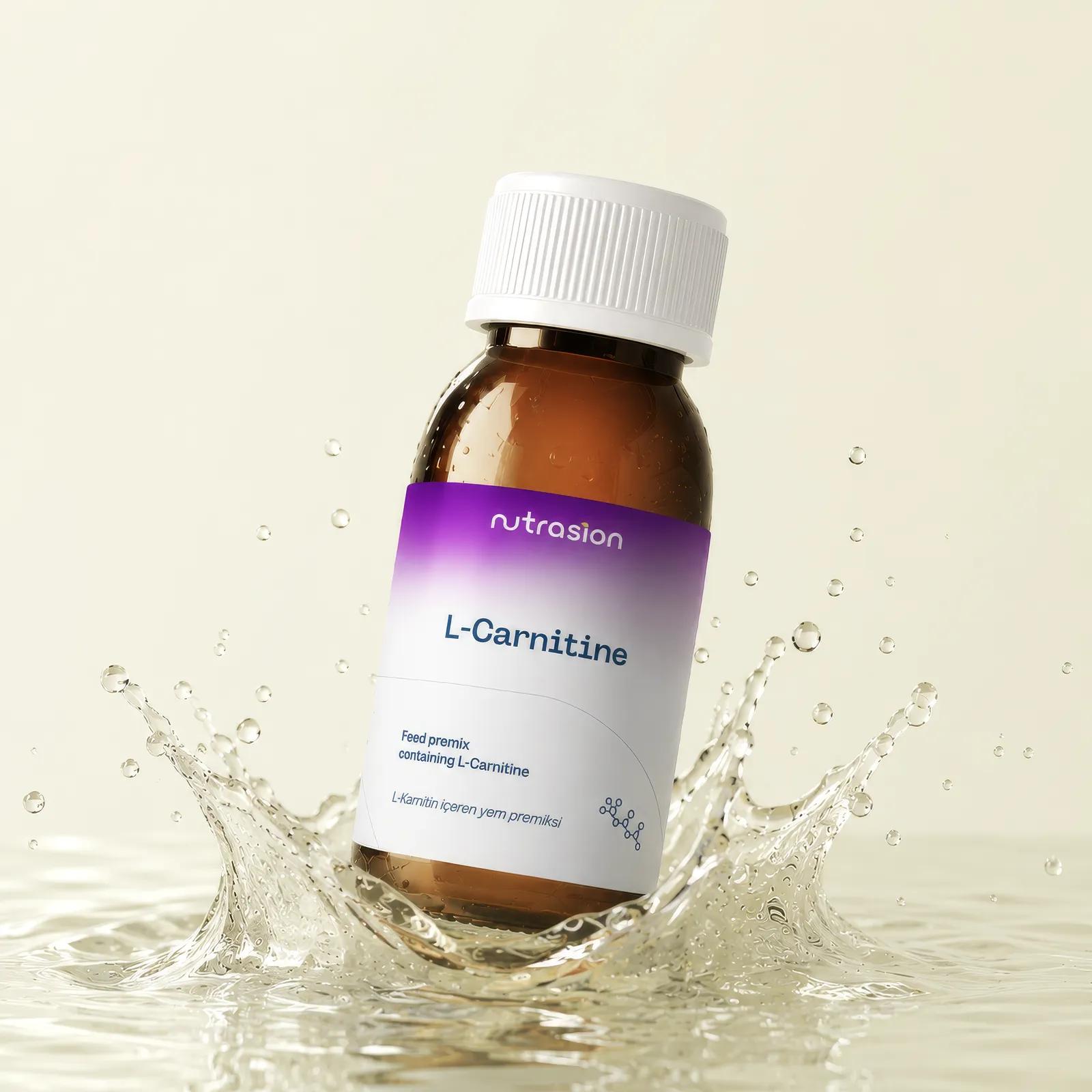 Nutrasion L-Carnitine şişesi su sıçraması içinde; etiketteki ürün adı ve "yem premiksi" ibaresi okunuyor